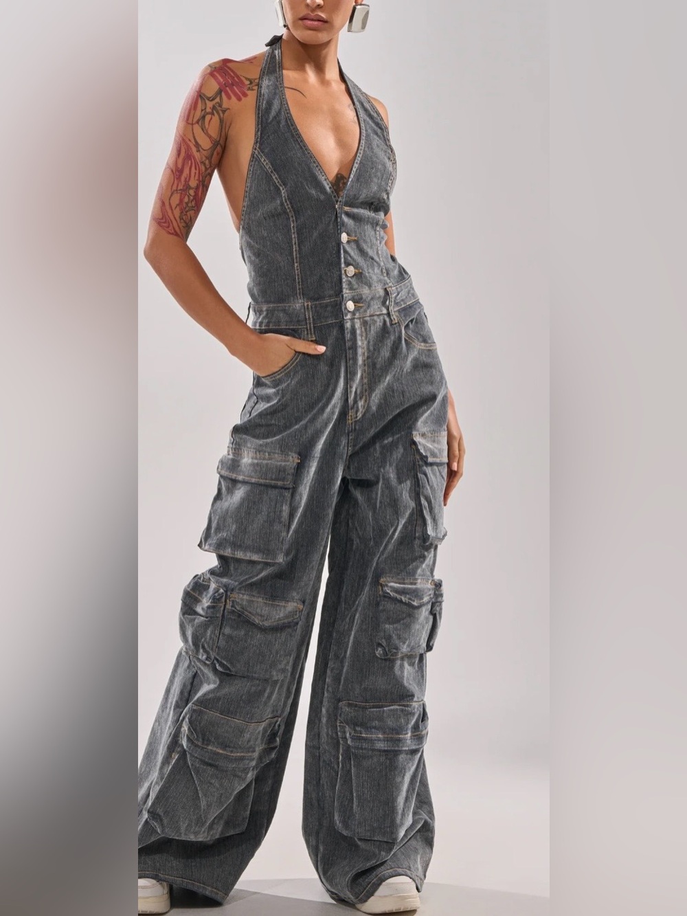 NWT AKIRA Gray Washed Denim halter Cargo Jumpsuit size XL